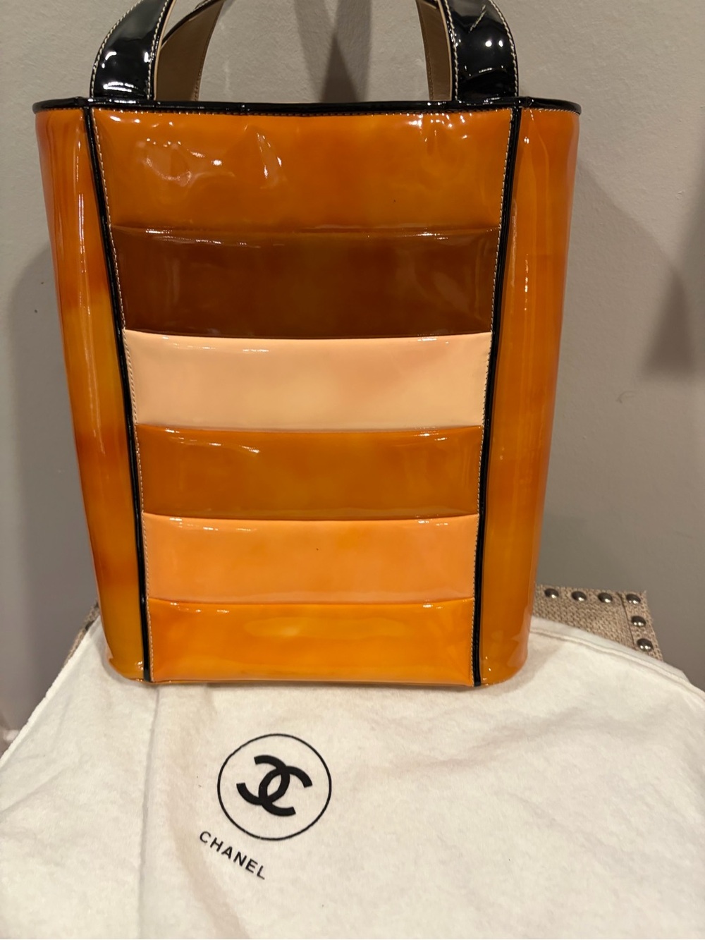 CHANEL Vintage Beige and Black Patent Leather Tote with Tan Interior